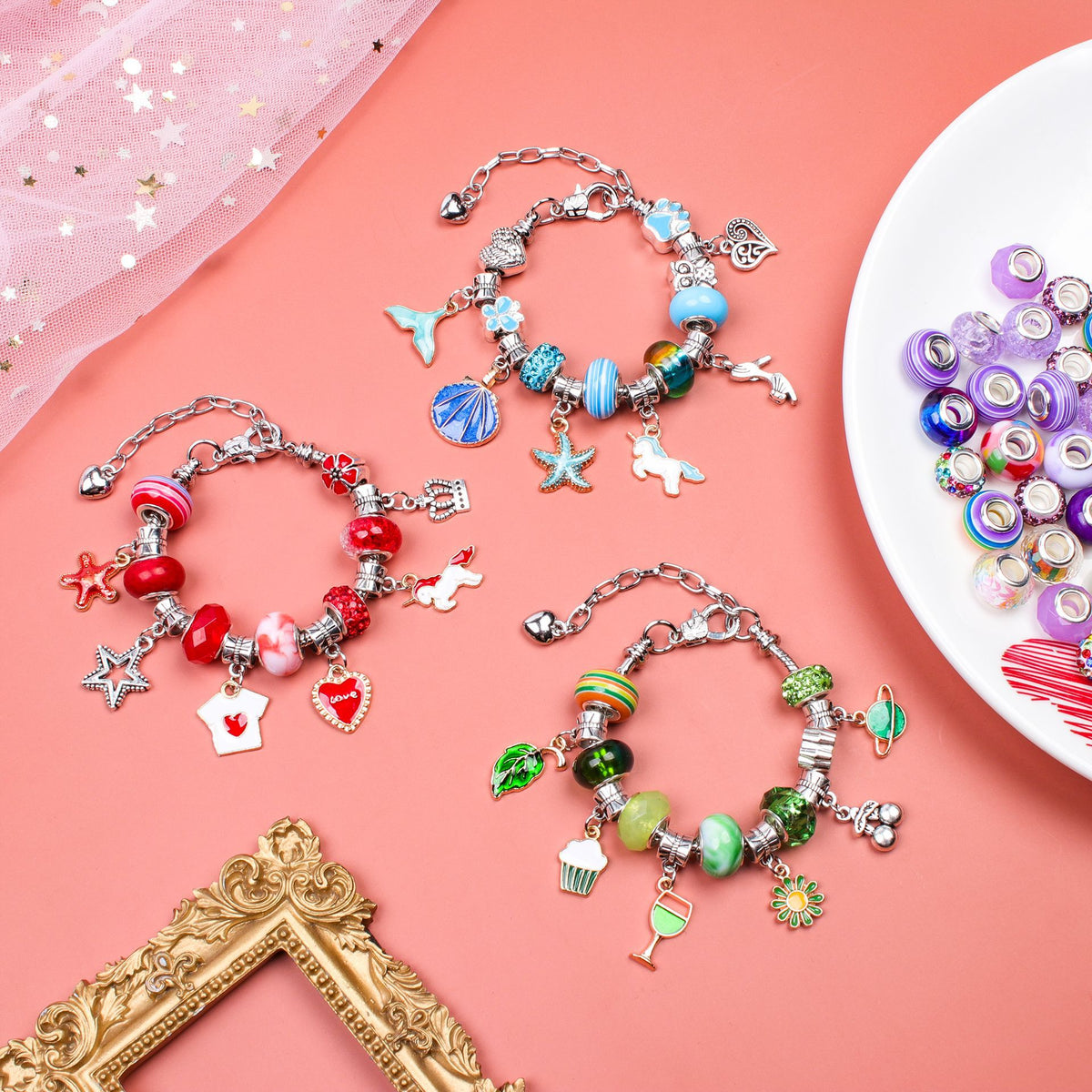 Unicorn DIY Beaded Bracelet Kit for Kids - Red Crystal Beads and Charms Jewelry Set with Gift Box
