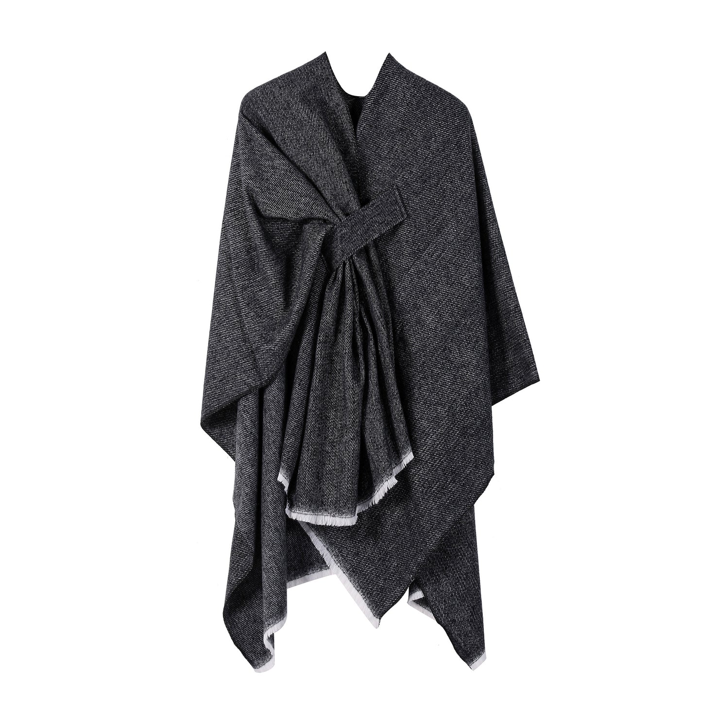 Solid Knit Poncho Shawl,Warm Fall/Winter Cape with Slit and Crossbar Design(Black)