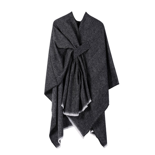 Solid Knit Poncho Shawl,Warm Fall/Winter Cape with Slit and Crossbar Design(Black)