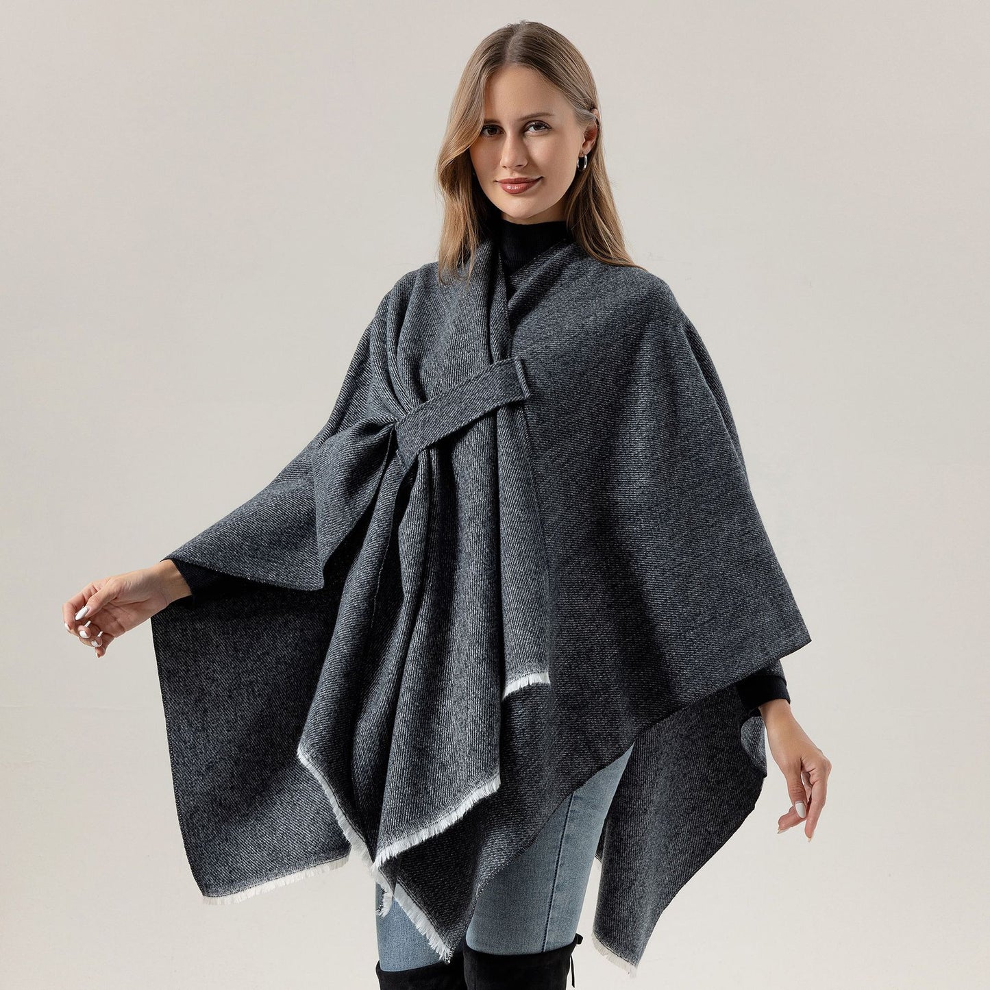 Solid Knit Poncho Shawl,Warm Fall/Winter Cape with Slit and Crossbar Design(Coffee)