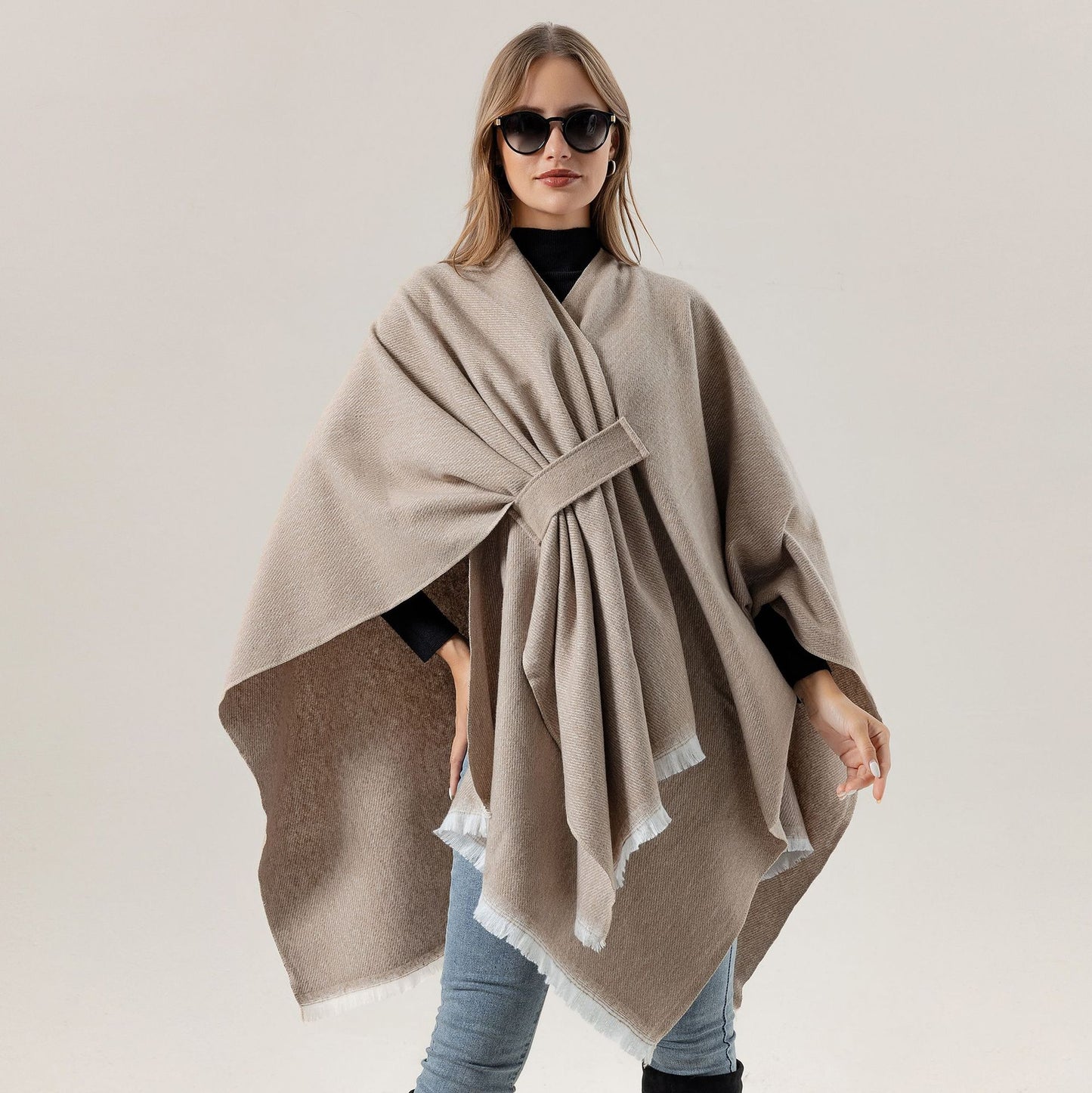 Solid Knit Poncho Shawl,Warm Fall/Winter Cape with Slit and Crossbar Design(Coffee)