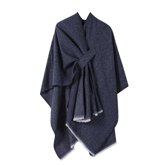 Solid Knit Poncho Shawl,Warm Fall/Winter Cape with Slit and Crossbar Design(Navy blue)