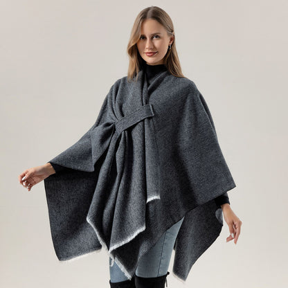 Solid Knit Poncho Shawl,Warm Fall/Winter Cape with Slit and Crossbar Design(Navy blue)