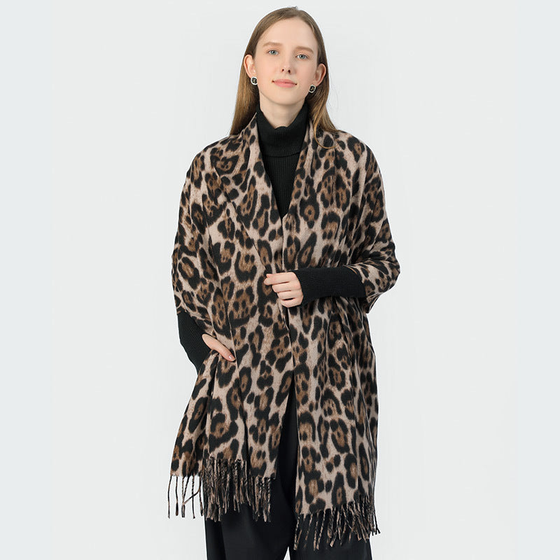 Stylish Animal Print Scarf - Warm Fall/Winter Shawl with Tassels, Imitation Cashmere(Gray-brown)