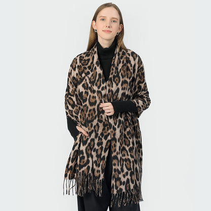 Stylish Animal Print Scarf - Warm Fall/Winter Shawl with Tassels, Imitation Cashmere(Gray-brown)