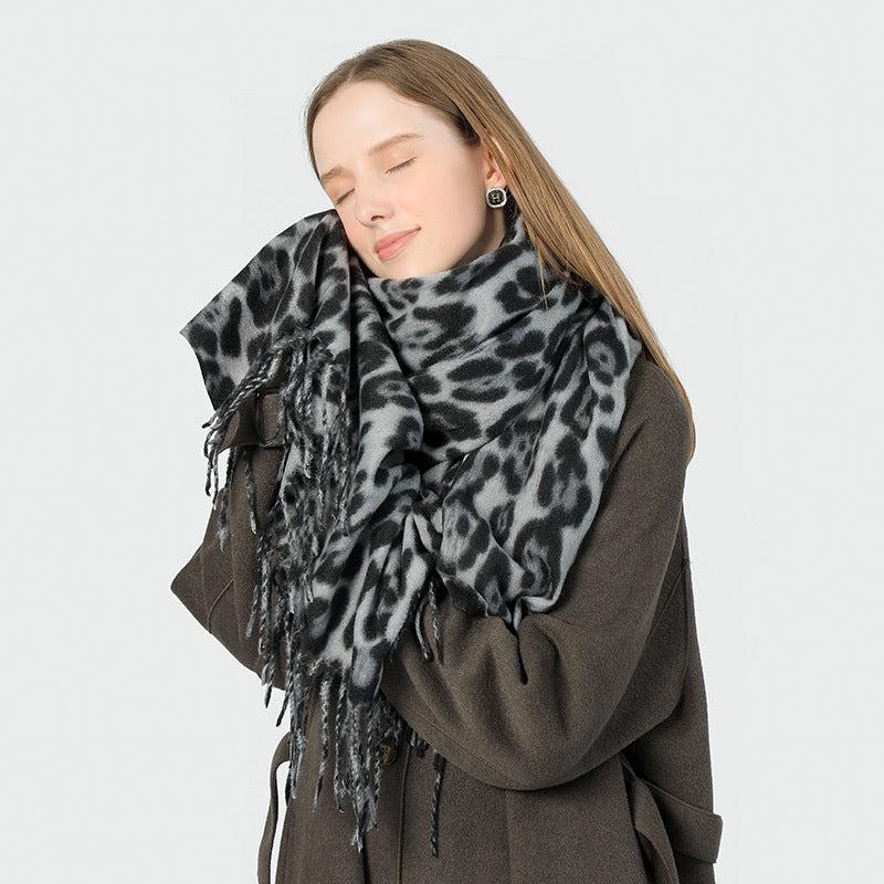 Stylish Animal Print Scarf - Warm Fall/Winter Shawl with Tassels, Imitation Cashmere(Gray-brown)