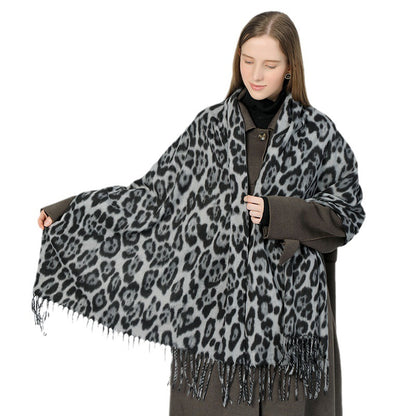Stylish Animal Print Scarf - Warm Fall/Winter Shawl with Tassels, Imitation Cashmere(Gray-brown)