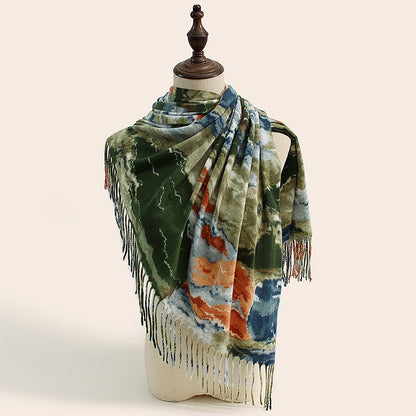 Stylish Animal Print Scarf - Warm Fall/Winter Shawl with Tassels, Imitation Cashmere(Dark green)