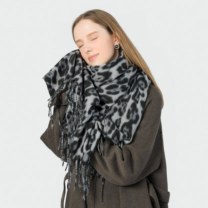 Stylish Animal Print Scarf - Warm Fall/Winter Shawl with Tassels, Imitation Cashmere(Dark green)