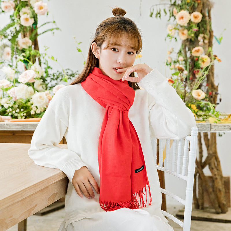 2pc Luxe Soft Imitation Cashmere Scarf - Warm Solid Tone Shawl with Elegant Fringe(Red)