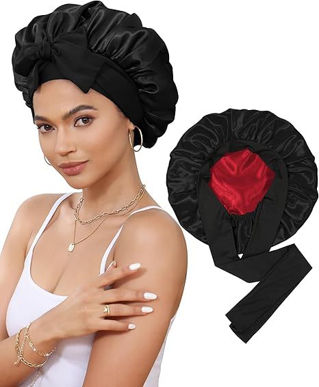 Luxury Double-Sided Satin Bonnet with Elastic Band(Black + bright red lining)