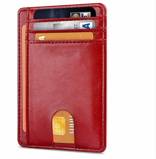 Slim Minimalist Leather Wallet with ID Window & RFID Blocking - Holds 12 Cards & Cash(Red)