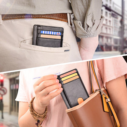 Slim Minimalist Leather Wallet with ID Window & RFID Blocking - Holds 12 Cards & Cash(Dark gray)