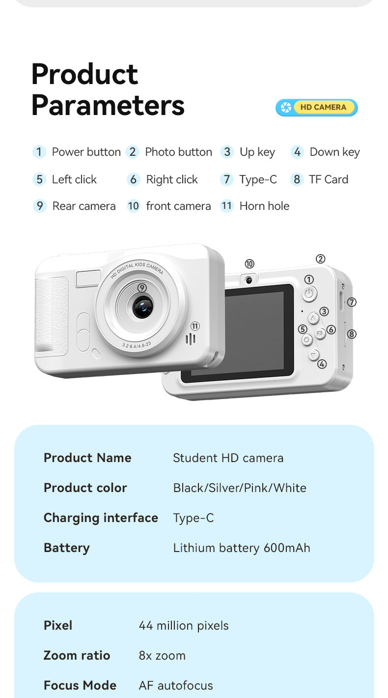 Student HD Digital Camera - 44MP, 8x Zoom, Autofocus, Dual Lens, Type-C Charging (white)