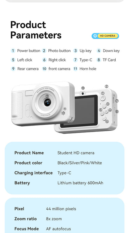 Student HD Digital Camera - 44MP, 8x Zoom, Autofocus, Dual Lens, Type-C Charging (white)