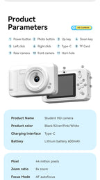 Student HD Digital Camera - 44MP, 8x Zoom, Autofocus, Dual Lens, Type-C Charging (Black)