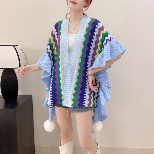 Light blue Women's printed knitted cardigan cape with ruffled sleeves (Style 2)