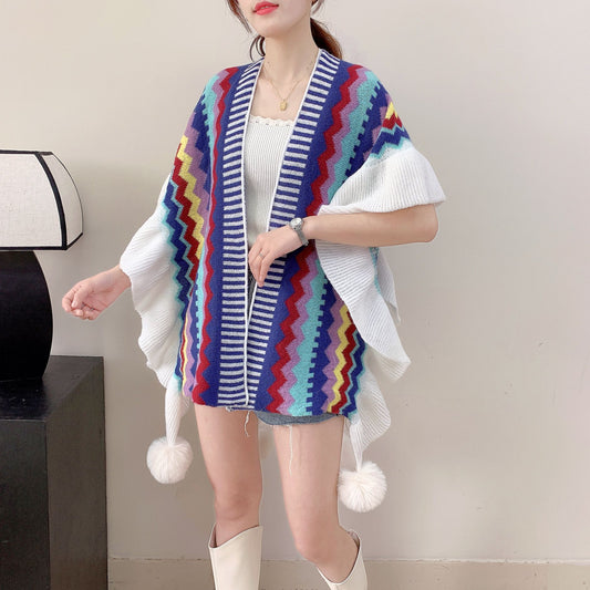 Dark Blue Women's printed knitted cardigan cape with ruffled sleeves (Style 3)