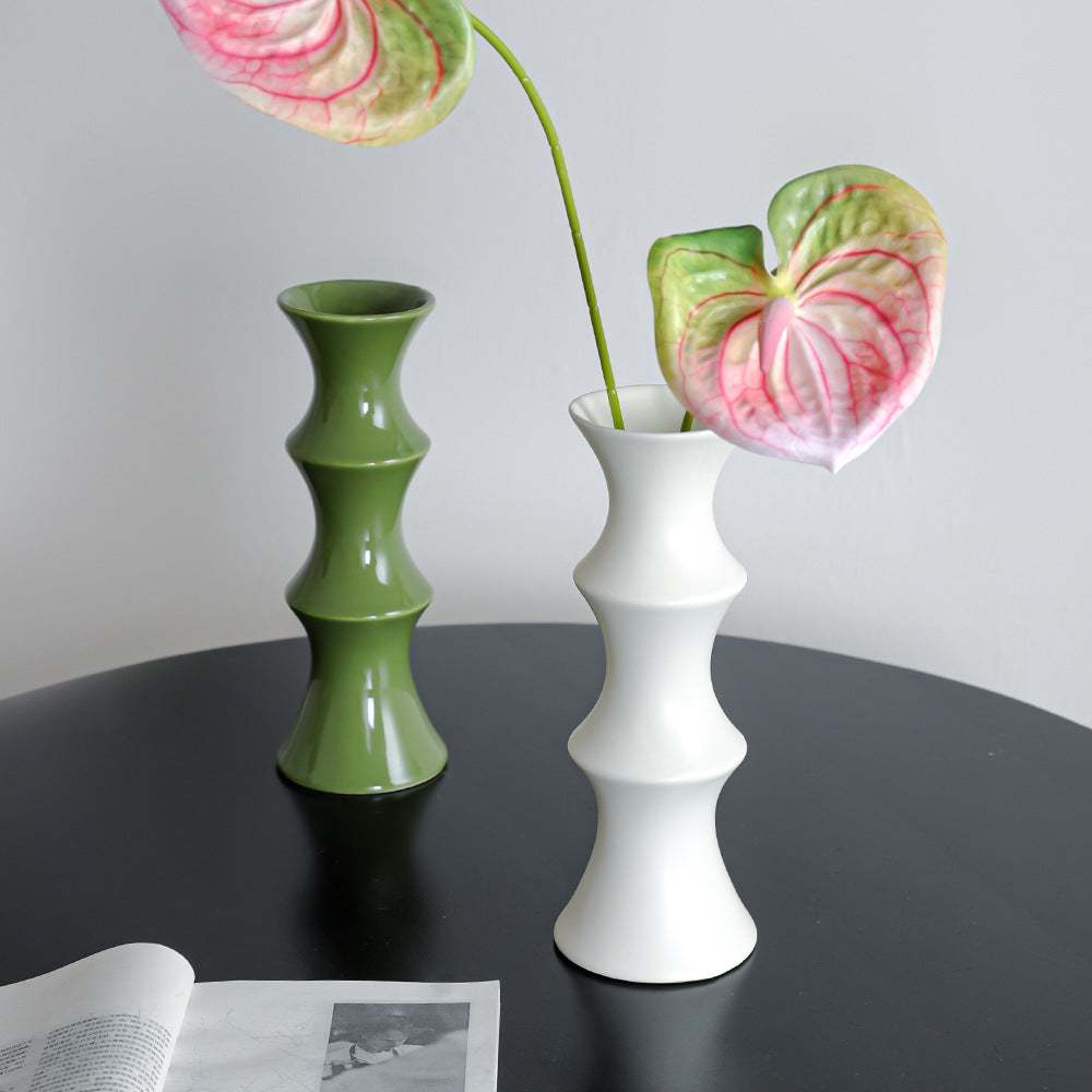 Glossy GreenCeramic Vase - Unique Bamboo-Look Design (25.5x9x7cm)