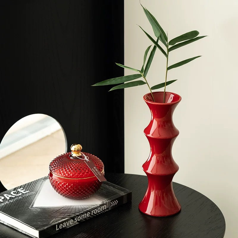 Glossy Red Ceramic Vase - Unique Bamboo-Look Design (25.5x9x7cm)