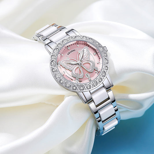 Women's Butterfly Quartz Watch with Ceramic Steel Strap and Luminous Hands (Silver shell powder surface steel belt)