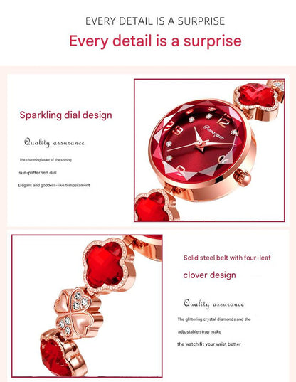 Red Women's Four-Leaf Clover Quartz Watch with Red Dial and Crystal Accents