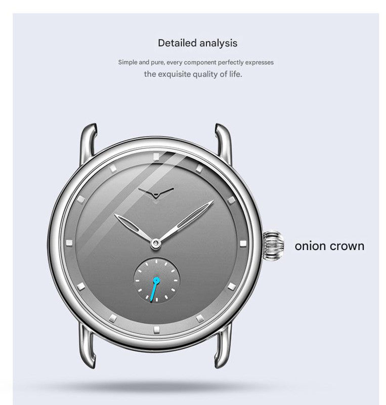Brown belt black surface Elegant Men's Watch with Leather Band - Small Seconds, Onion Crown Detail