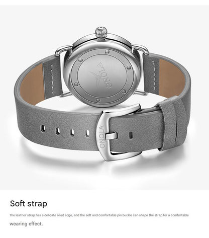 Brown belt black surface Elegant Men's Watch with Leather Band - Small Seconds, Onion Crown Detail