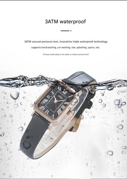 Rose gold case, white dial, grey belt Ladies Quartz Watch - Classic Rectangular, Leather Band