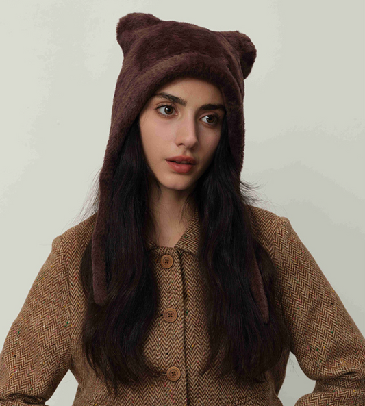 Dark brown Fluffy Cat Ear Winter Earflap Hat Women Knitted Warm Cold Weather Cap