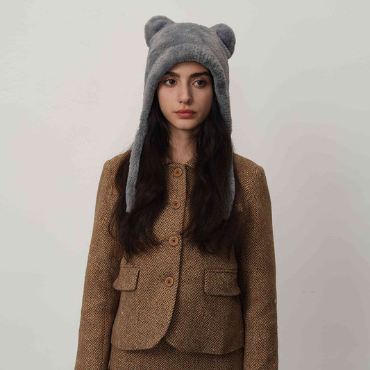 Light gray Fluffy Cat Ear Winter Earflap Hat Women Knitted Warm Cold Weather Cap