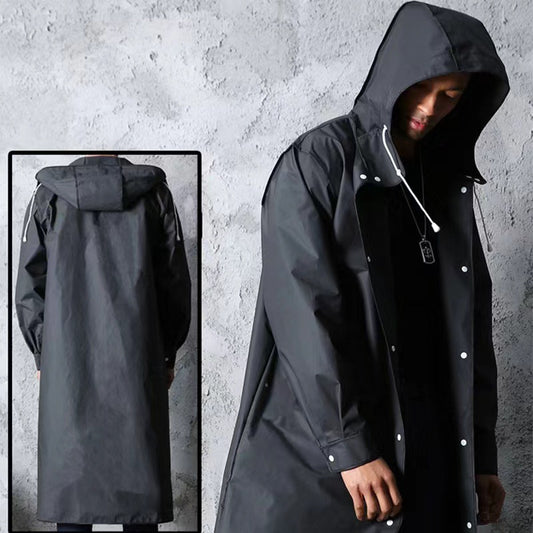 Stylish Black Trench Raincoat - Extra Long, Hooded, for Hiking & Fishing - XXXL