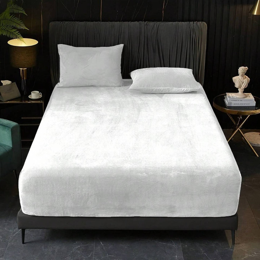 White Plush Crystal Velvet Fitted Sheet - Ultra Soft, Warm & Thick for Winter (99x190+36cm)