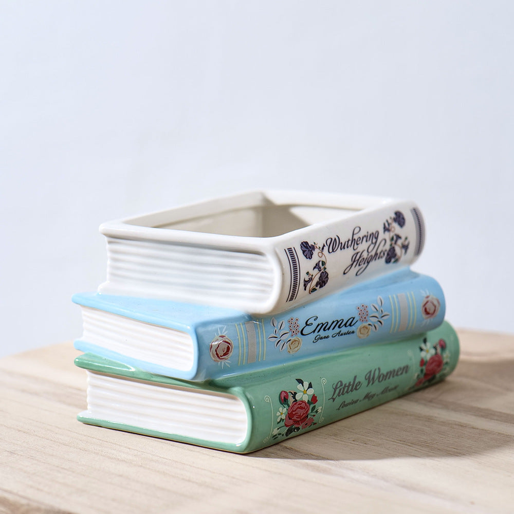 Literary Book Vase - Creative Ceramic Planter & Desk Organizer(Stack of books)
