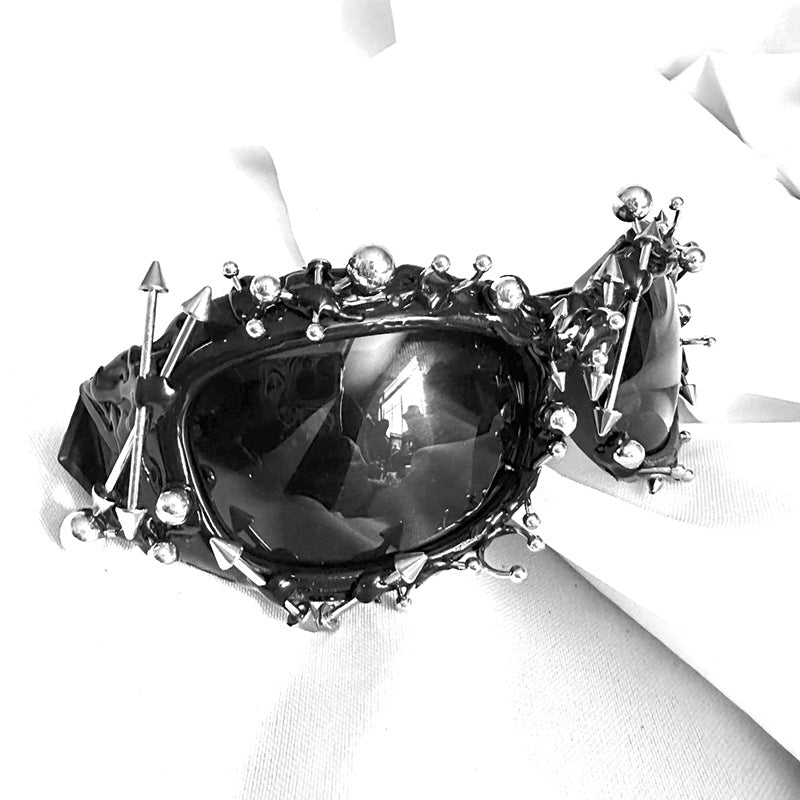 Red Edgy Punk Rock Spiked Sunglasses - Statement Goth Studded Eyewear