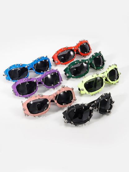 Blue Edgy Punk Rock Spiked Sunglasses - Statement Goth Studded Eyewear
