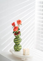 Green and Red Whimsical Stacked Watermelon Ceramic Vase - Novelty Tabletop Decor