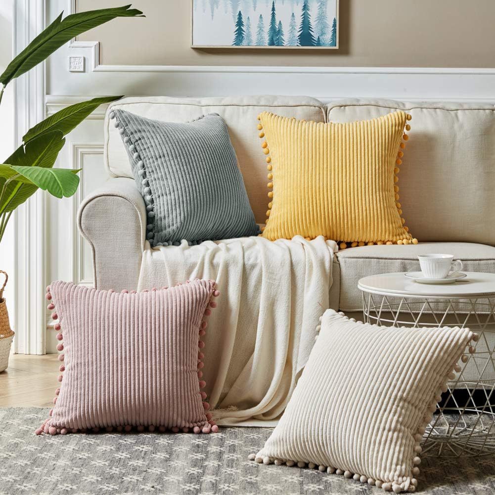 Light Green Soft Corduroy Cushion Covers with Pom Pom Trim - Set of 2 Decorative Throw Pillow Cases for Sofa Couch Bed, 45x45cm