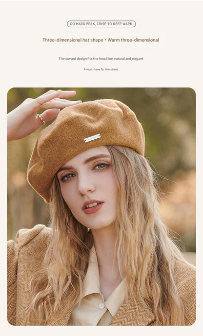 Red Elegant Wool Beret - Classic Warm Thick British Style Hat for Autumn & Winter