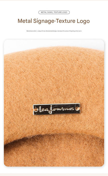 Khaki Elegant Wool Beret - Classic Warm Thick British Style Hat for Autumn & Winter