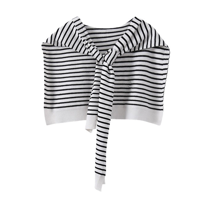White Chic Striped Knit Tie-Front Shawl - Lightweight Versatile Layering Capelet for Women