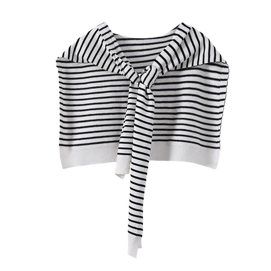 White Chic Striped Knit Tie-Front Shawl - Lightweight Versatile Layering Capelet for Women