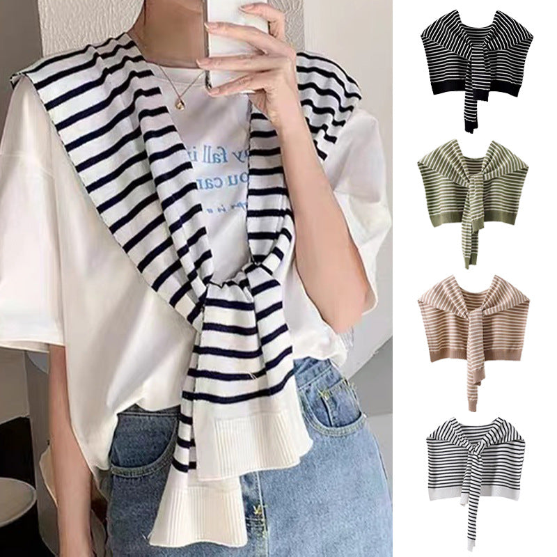 White Chic Striped Knit Tie-Front Shawl - Lightweight Versatile Layering Capelet for Women