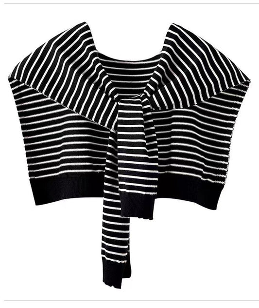 Black Chic Striped Knit Tie-Front Shawl - Lightweight Versatile Layering Capelet for Women