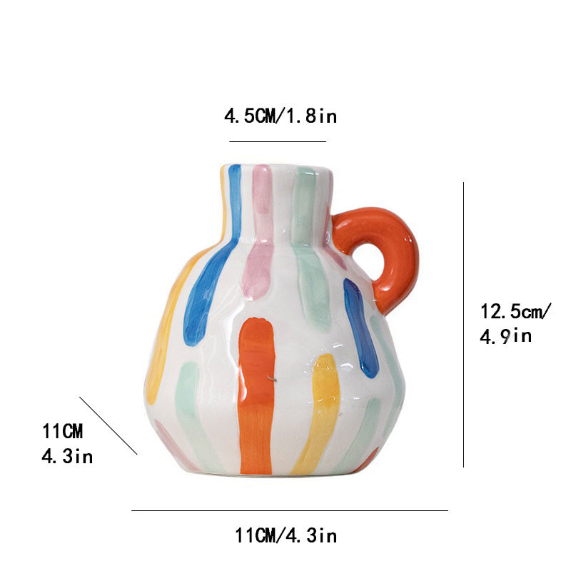 Colorful Charming Hand-Painted Ceramic Vase - Colourful Striped Jug Style Decorative Accent