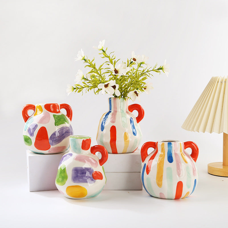 Colorful Artistic Hand-Painted Ceramic Vase - Dual Handle Pot Style - Colourful Striped Home Decor Accent