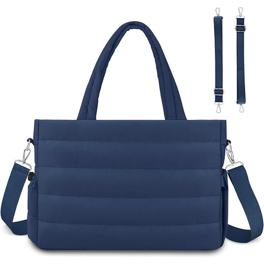 Dark Blue Stylish Quilted Nylon Tote Bag - Large Capacity Diaper Nappy Bag for Travel & Stroller with Adjustable Straps