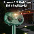 Green Advanced Solar Powered Ultrasonic Animal Repeller - Outdoor Pest Deterrent with Motion Sensor, Strobe Light & Laser