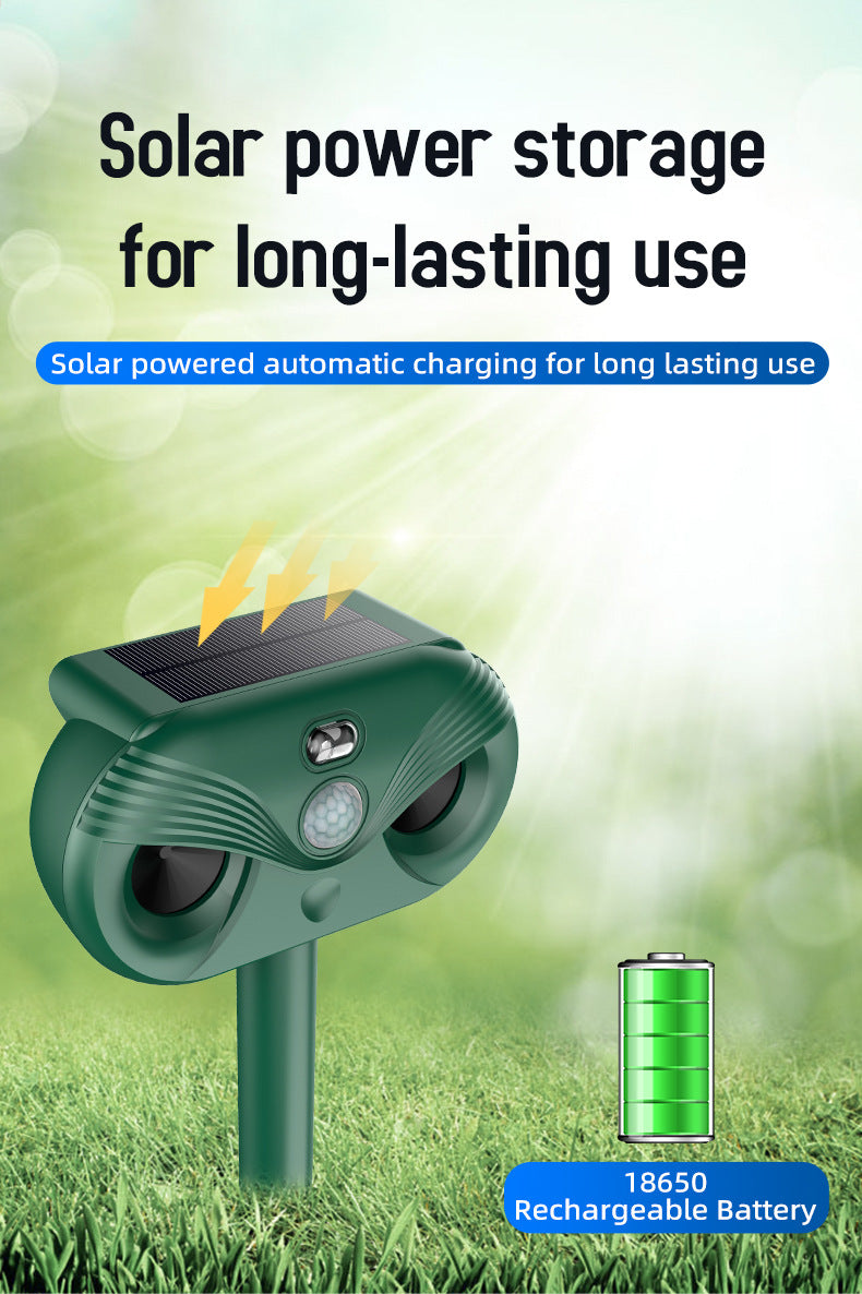 Green Advanced Solar Powered Ultrasonic Animal Repeller - Outdoor Pest Deterrent with Motion Sensor, Strobe Light & Laser
