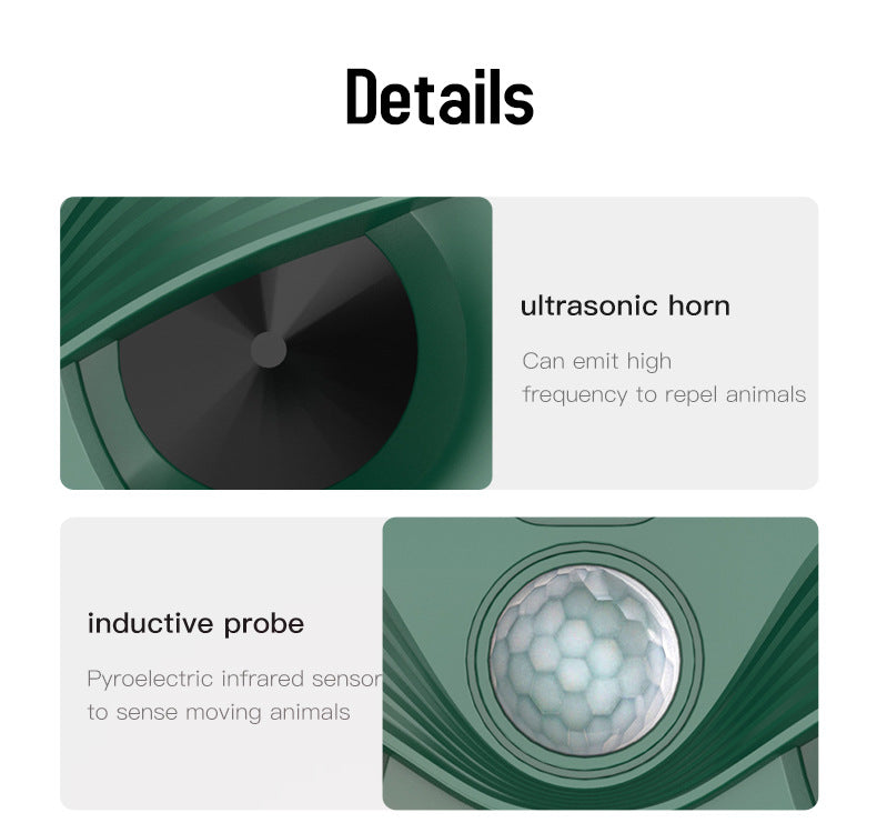 Green Advanced Solar Powered Ultrasonic Animal Repeller - Outdoor Pest Deterrent with Motion Sensor, Strobe Light & Laser